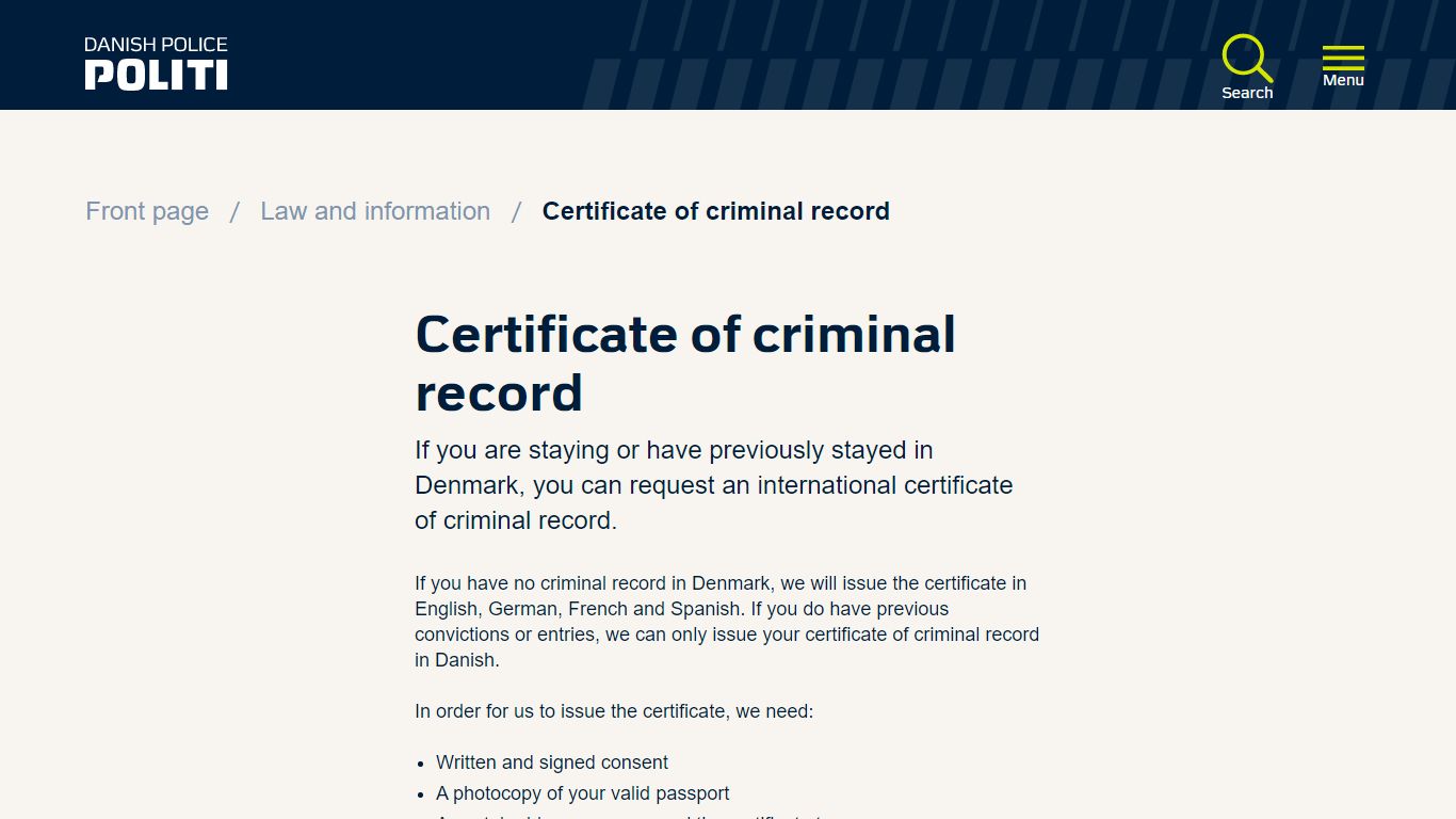 Certificate of criminal record | | Danish police